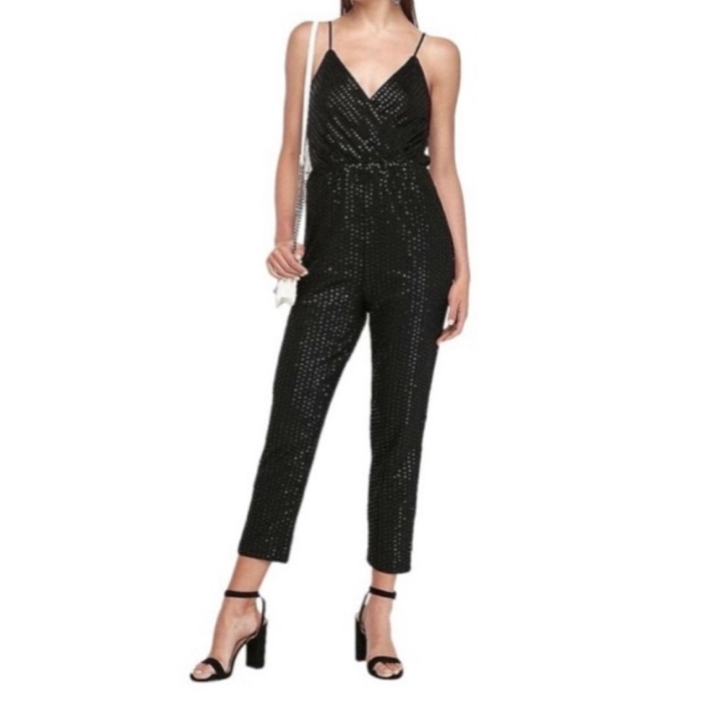 Lauren Ralph Lauren Black Sequin Stretchy Jumpsuit Surplice Jumpsuit Small